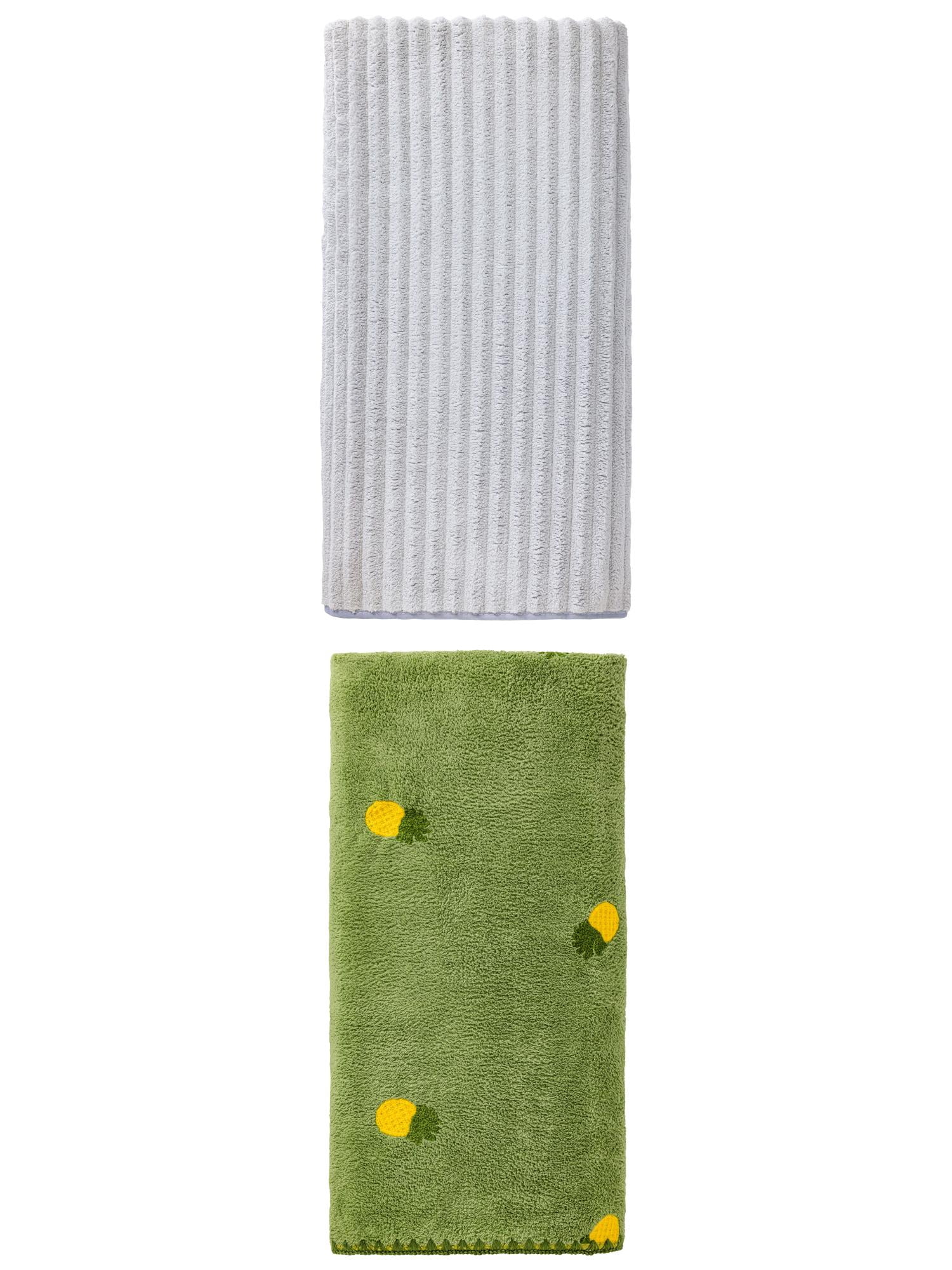 Unique Bargains 2Pcs Soft Super Absorbent Coral Fleece Bath Towel Light Grey/Green 55"x28"