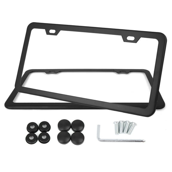 REGALWOVEN 2 pcs Stainless Steel Car Front Rear License Plate Frame Black 2 Hole with Screw Caps
