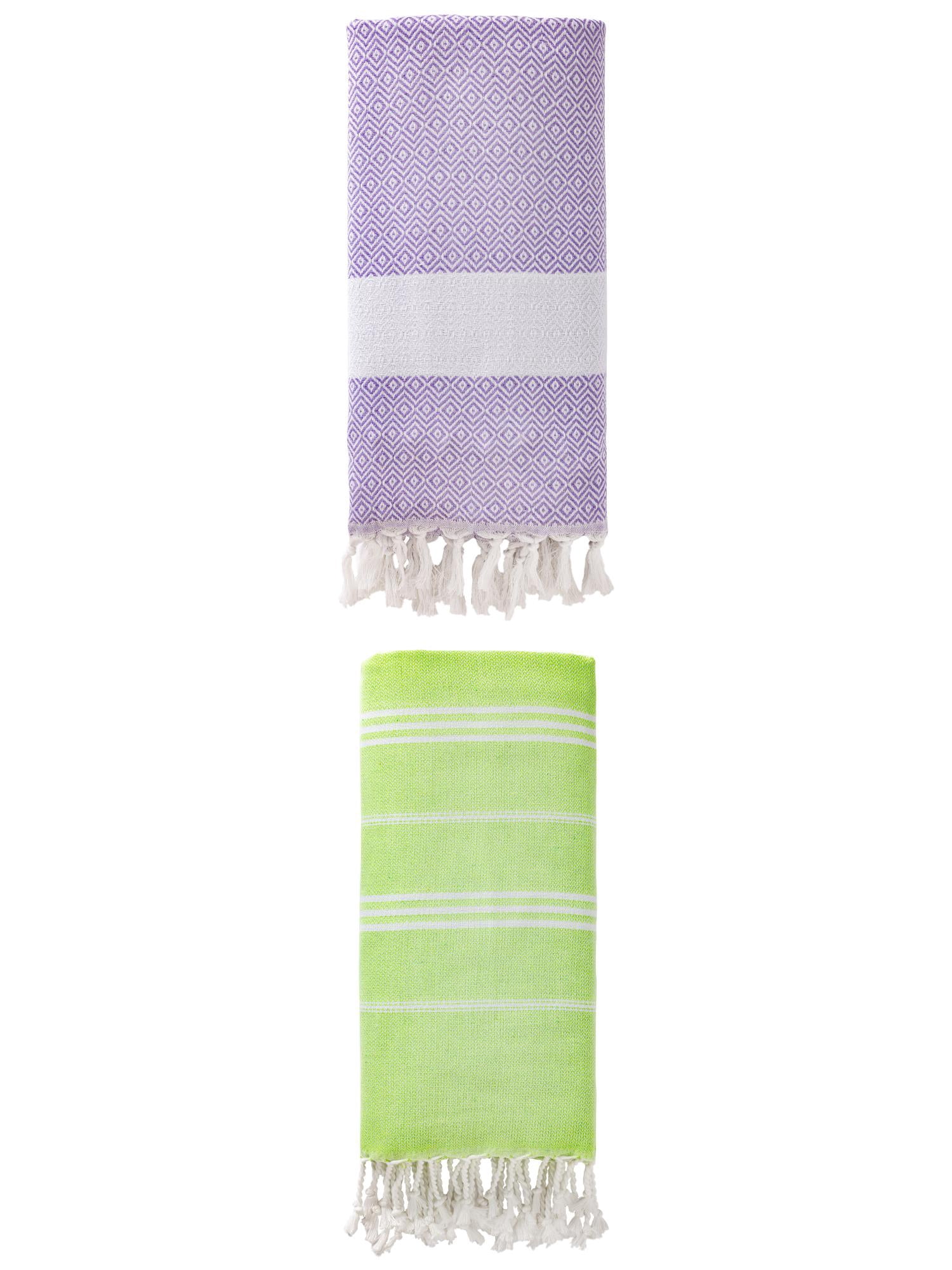 Unique Bargains 2Pcs Stripe Quick Dry Beach Towel Green/Light Purple 71" x 35"/71" x 40"