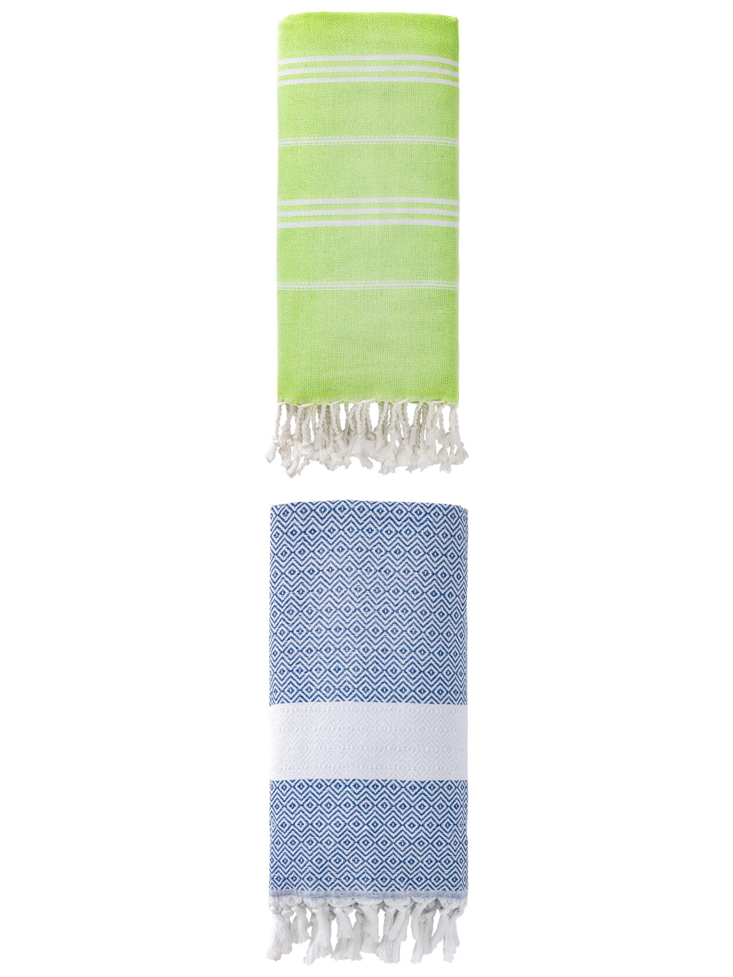 Unique Bargains 2Pcs Stripe Quick Dry Light Beach Towel Green Blue 71" x 35"/71" x 40"