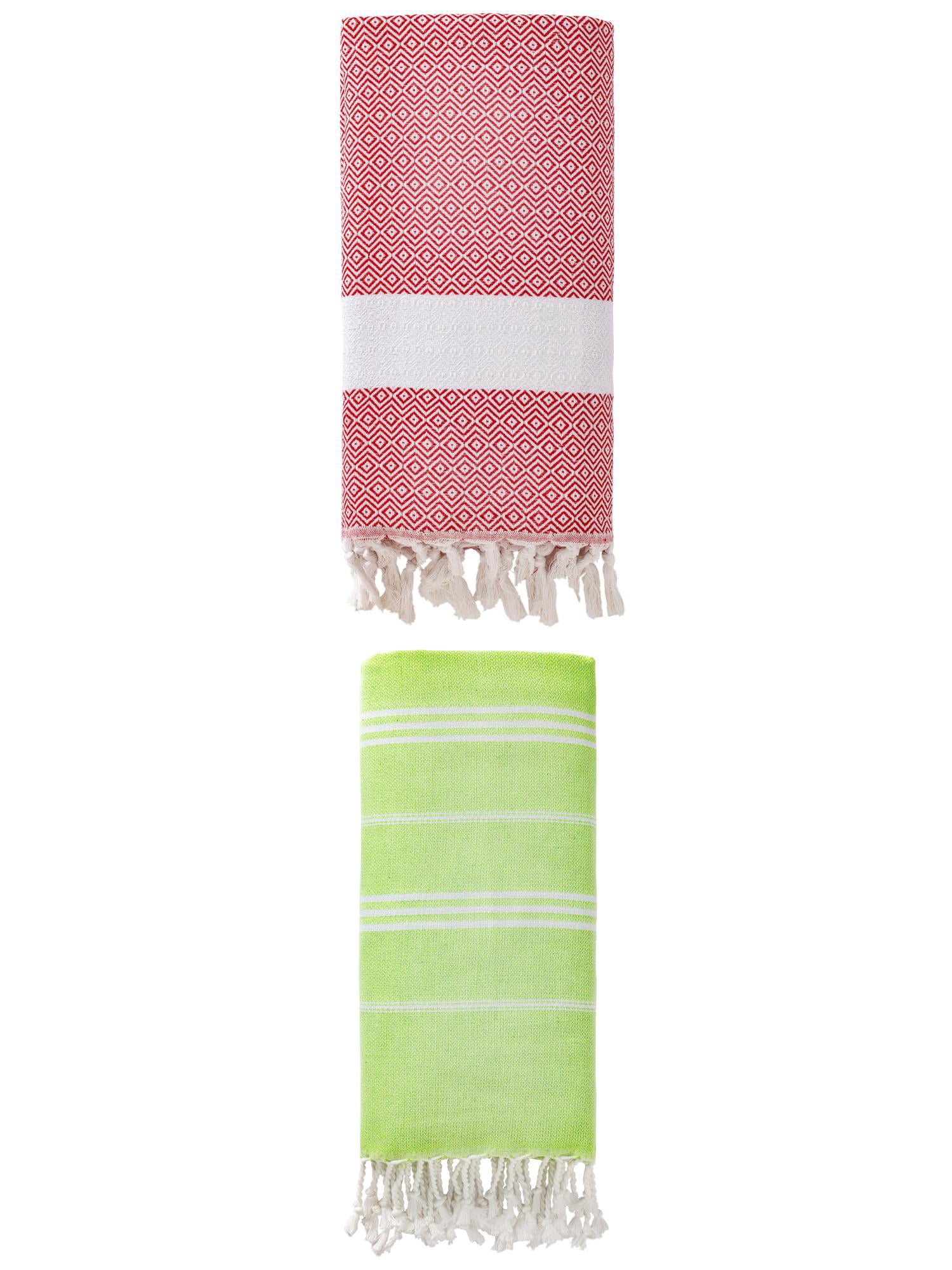 Unique Bargains 2Pcs Stripe Quick Dry Light Beach Towel Green Crimson 71" x 35"/71" x 40"