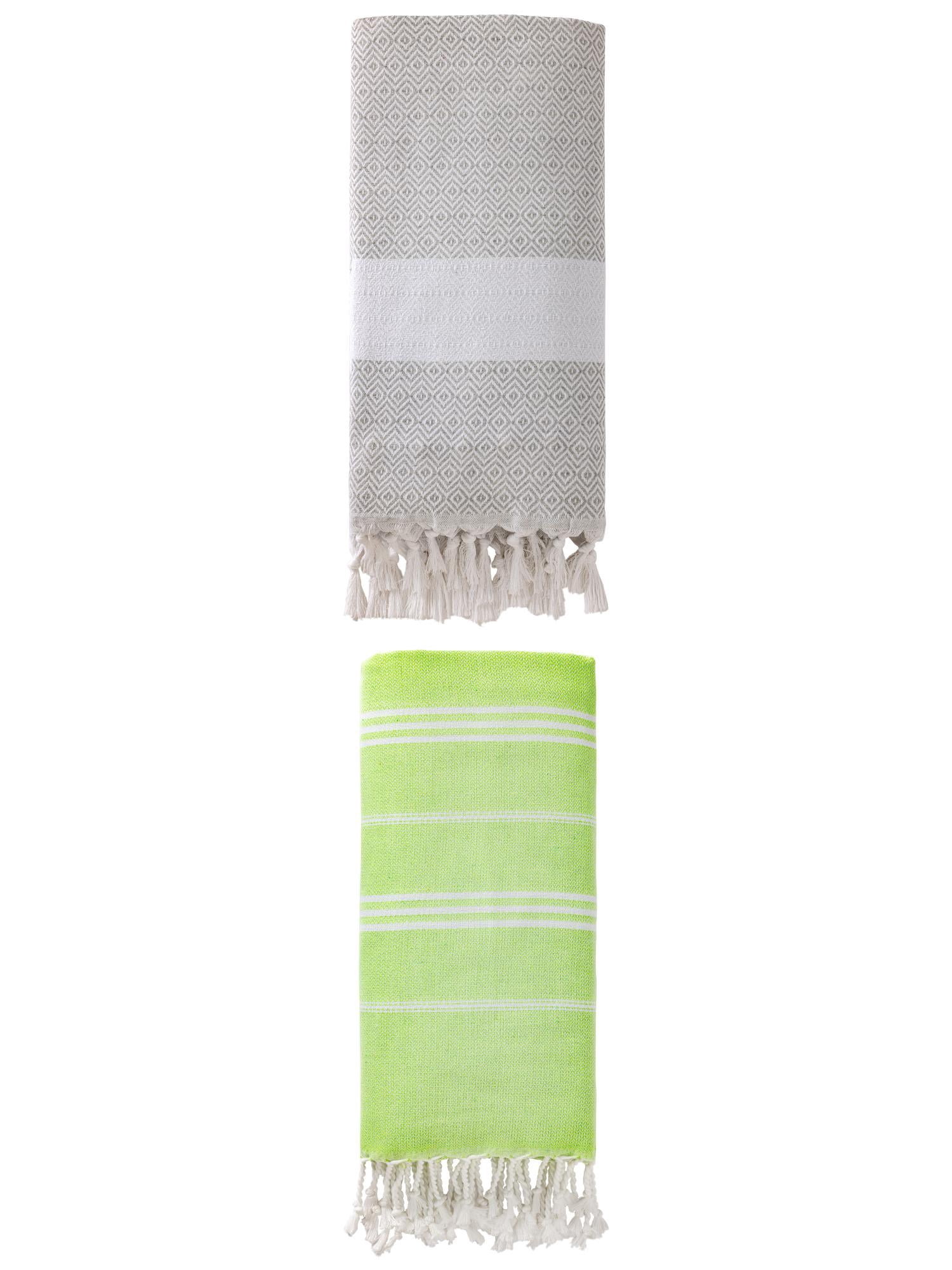 Unique Bargains 2Pcs Stripe Quick Dry Light Beach Towel Green Grey 71" x 35"/71" x 40"