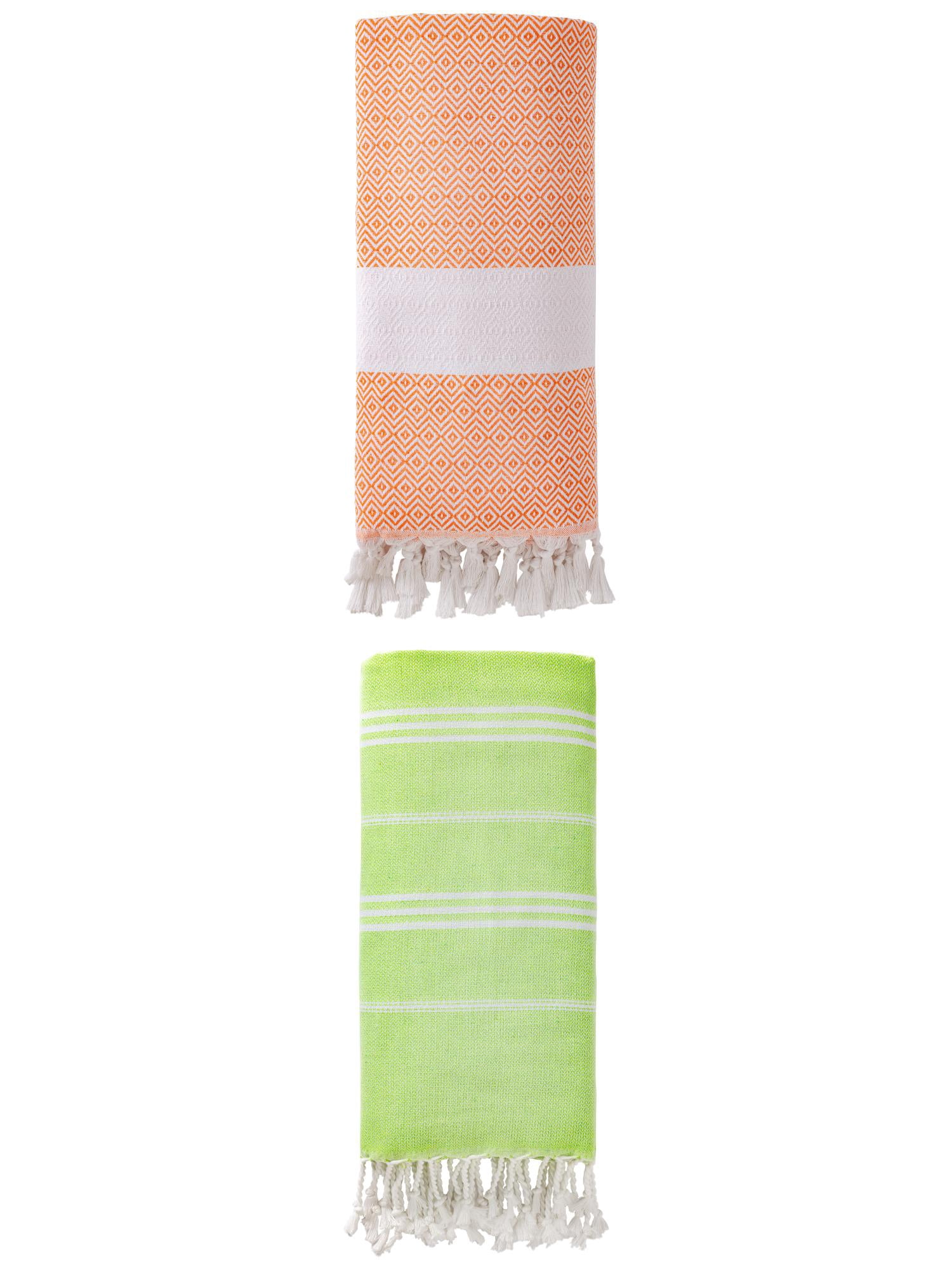 Unique Bargains 2Pcs Stripe Quick Dry Light Beach Towel Green Orange 71" x 35"/71" x 40"