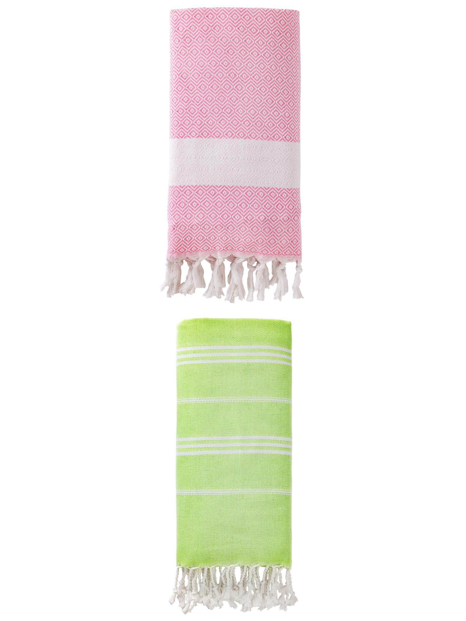 Unique Bargains 2Pcs Stripe Quick Dry Light Beach Towel Green Pink 71" x 35"/71" x 40"