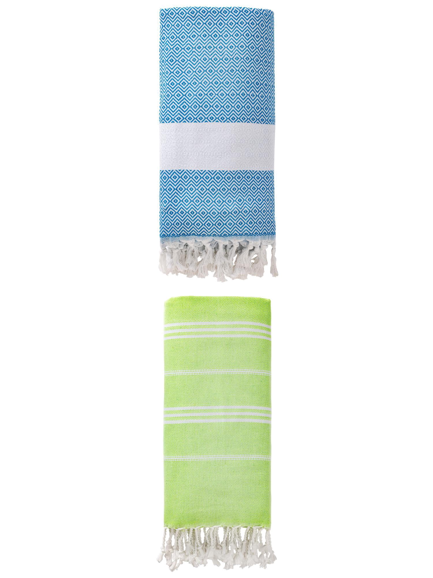 Unique Bargains 2Pcs Stripe Quick Dry Light Beach Towel Green/Sky Blue 71" x 35"/71" x 40"