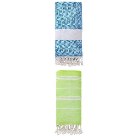 Unique Bargains 2Pcs Stripe Quick Dry Light Beach Towel Green/Sky Blue 71" x 35"/71" x 40"