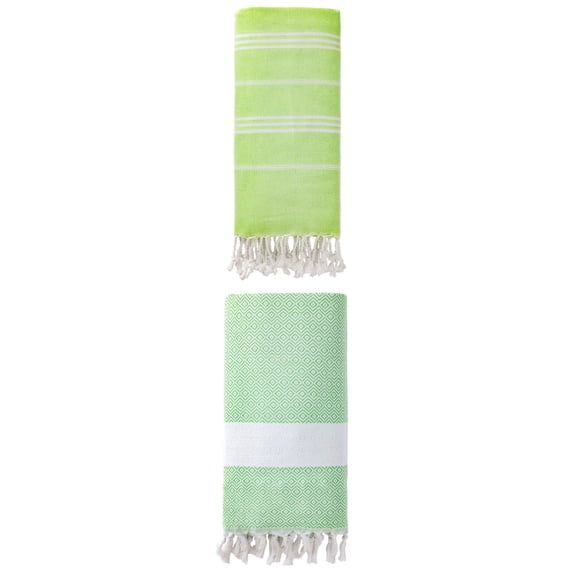 Unique Bargains 2Pcs Stripe Quick Dry Light Turkish Beach Towel Green 71" x 35"/71" x 40"