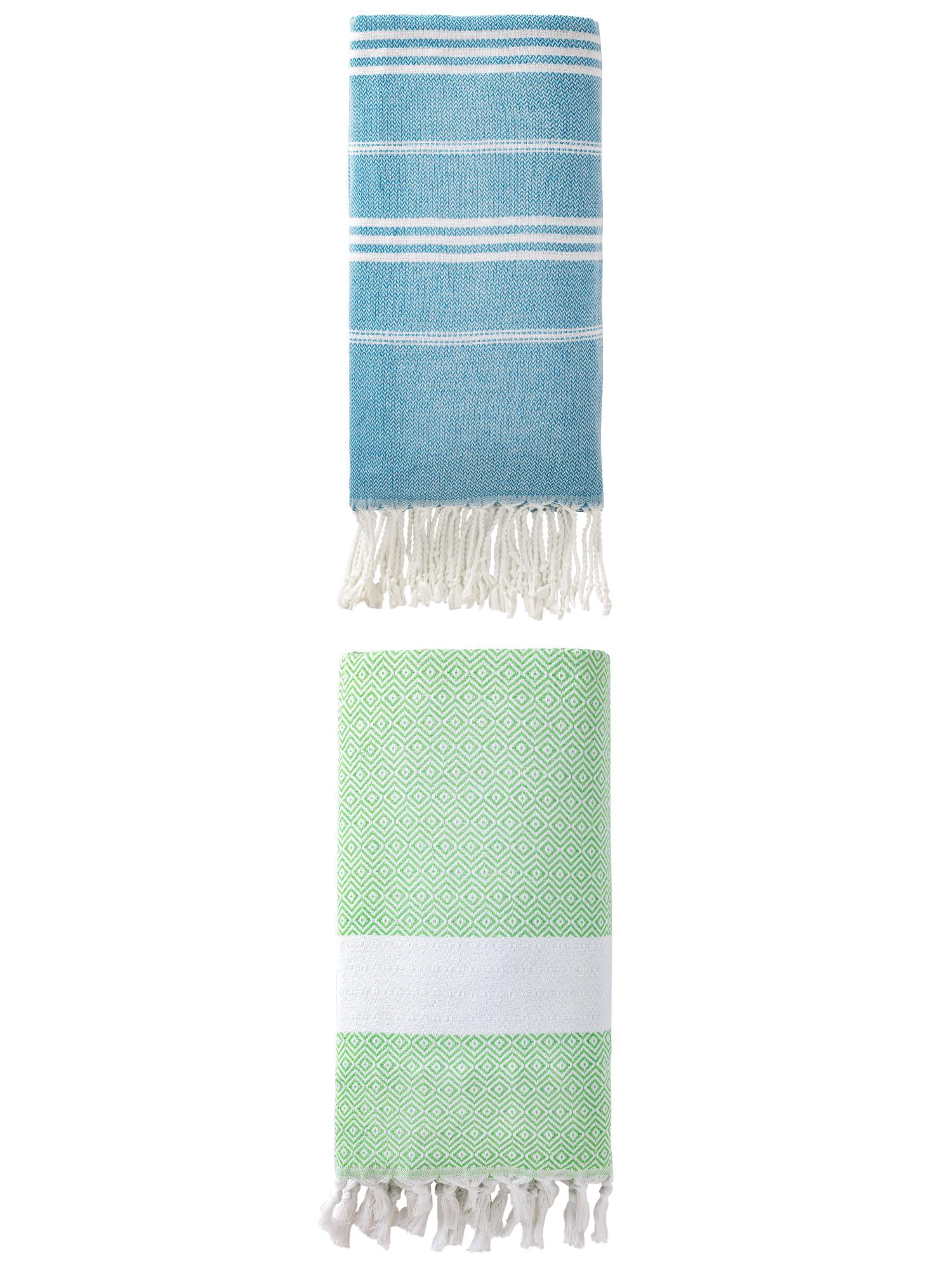 Unique Bargains 2Pcs Stripe Quick Dry Sand Free Beach Towel Blue Green 71" x 35"/71" x 40"
