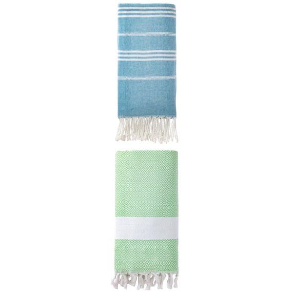 Unique Bargains 2Pcs Stripe Quick Dry Sand Free Beach Towel Blue Green 71" x 35"/71" x 40"