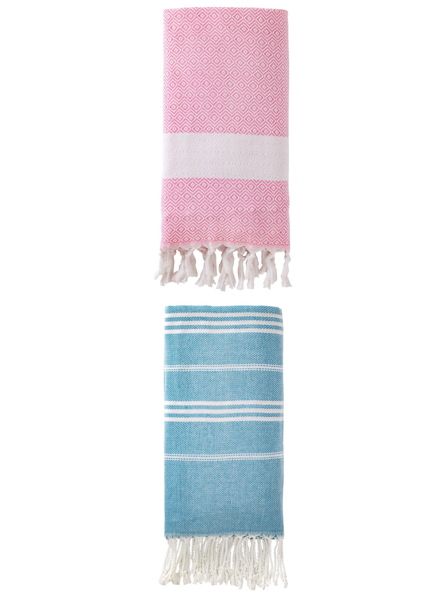 Unique Bargains 2Pcs Stripe Quick Dry Sand Free Beach Towel Blue/Pink 71" x 35"/71" x 40"