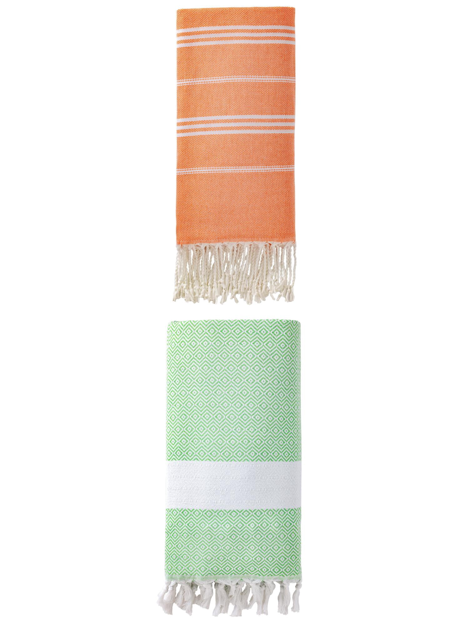 Unique Bargains 2Pcs Stripe Quick Dry Sand Free Towel Orange Green 71" x 35"/71" x 40"