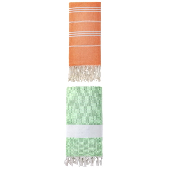 Unique Bargains 2Pcs Stripe Quick Dry Sand Free Towel Orange Green 71" x 35"/71" x 40"