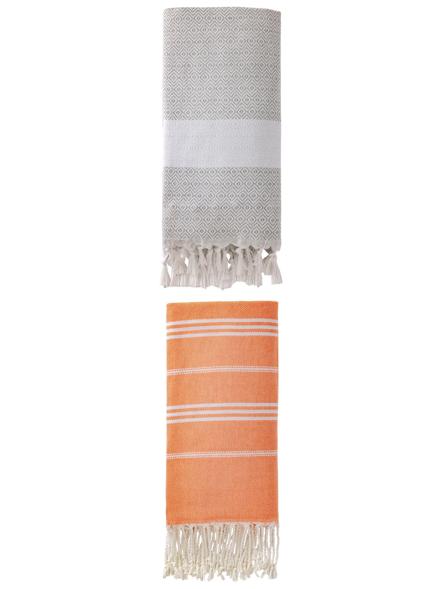 Unique Bargains 2Pcs Stripe Quick Dry Sand Free Towel Orange Grey 71" x 35"/71" x 40"