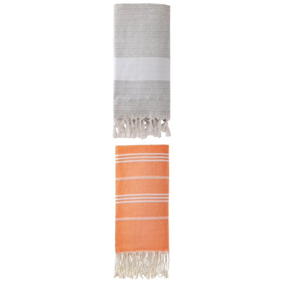 Unique Bargains 2Pcs Stripe Quick Dry Sand Free Towel Orange Grey 71" x 35"/71" x 40"