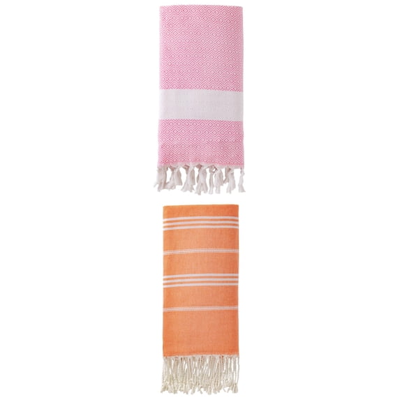 Unique Bargains 2Pcs Stripe Quick Dry Sand Free Towel Orange/Pink 71" x 35"/71" x 40"