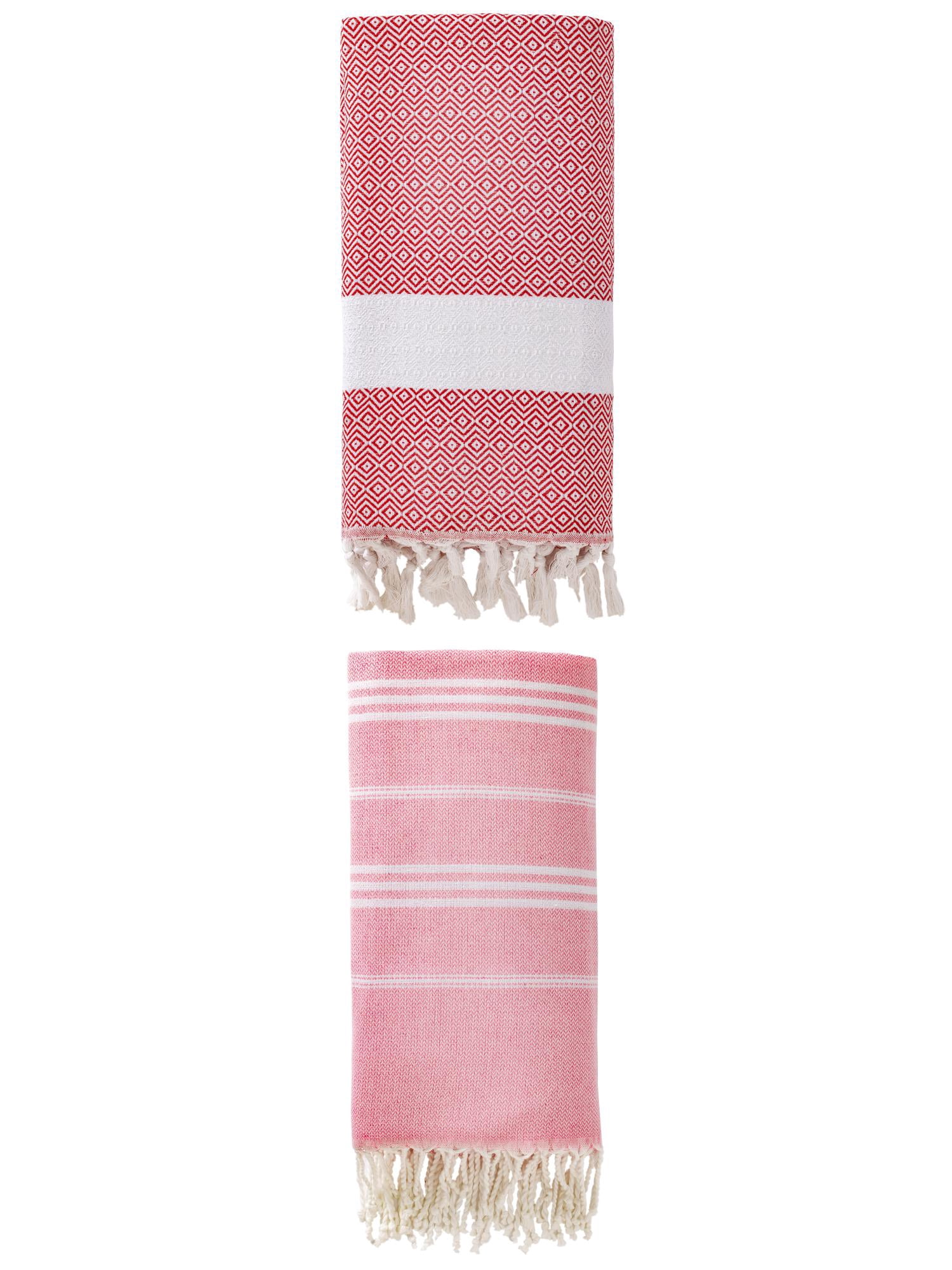Unique Bargains 2Pcs Stripe Rapid Dry Beach Towel Pink Crimson 71" x 35"/71" x 40"