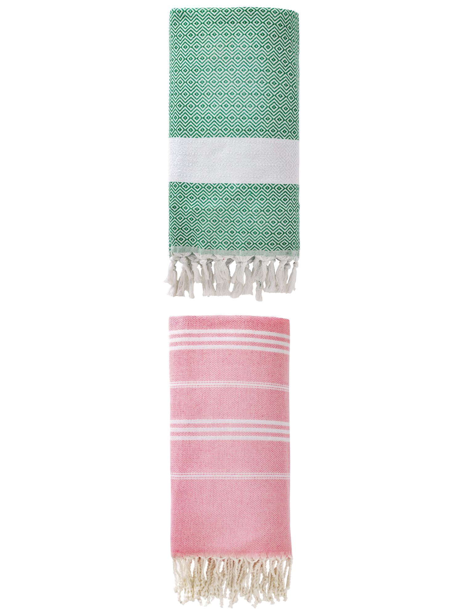 Unique Bargains 2Pcs Stripe Rapid Dry Beach Towel Pink/Dark Green 71" x 35"/71" x 40"