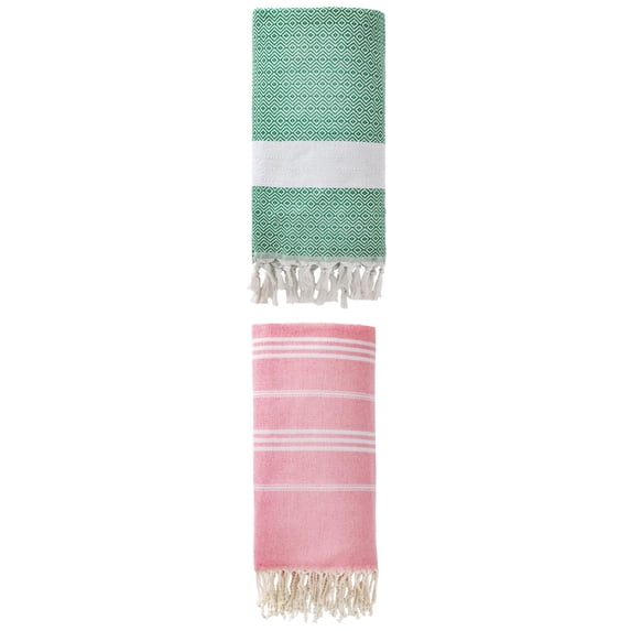 Unique Bargains 2Pcs Stripe Rapid Dry Beach Towel Pink/Dark Green 71" x 35"/71" x 40"
