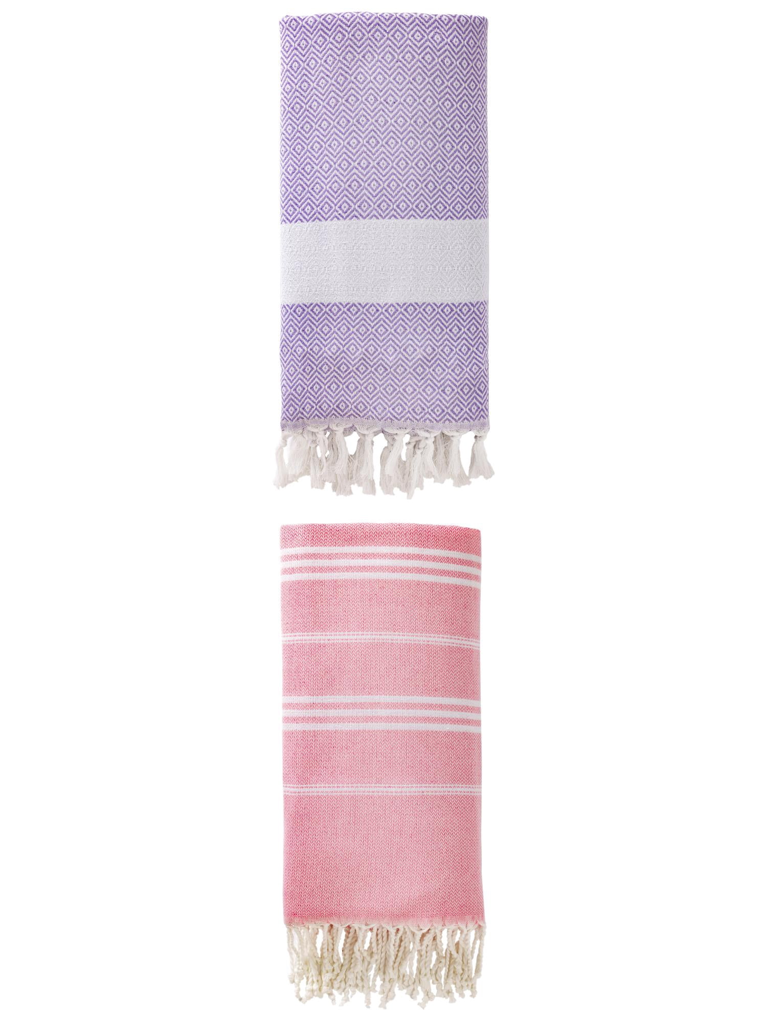 Unique Bargains 2Pcs Stripe Rapid Dry Beach Towel Pink/Light Purple 71" x 35"/71" x 40"