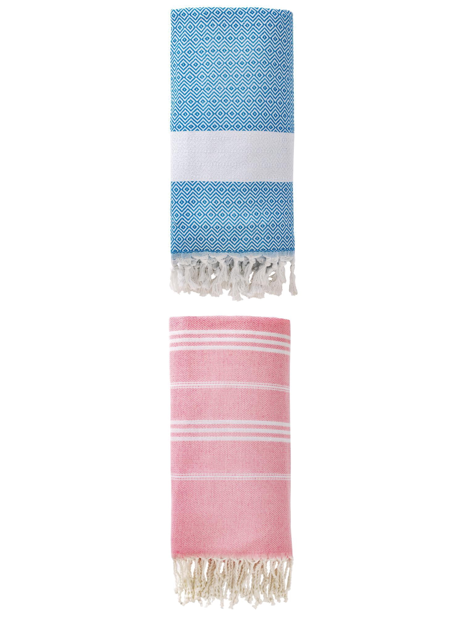 Unique Bargains 2Pcs Stripe Rapid Dry Beach Towel Pink/Sky Blue 71" x 35"/71" x 40"