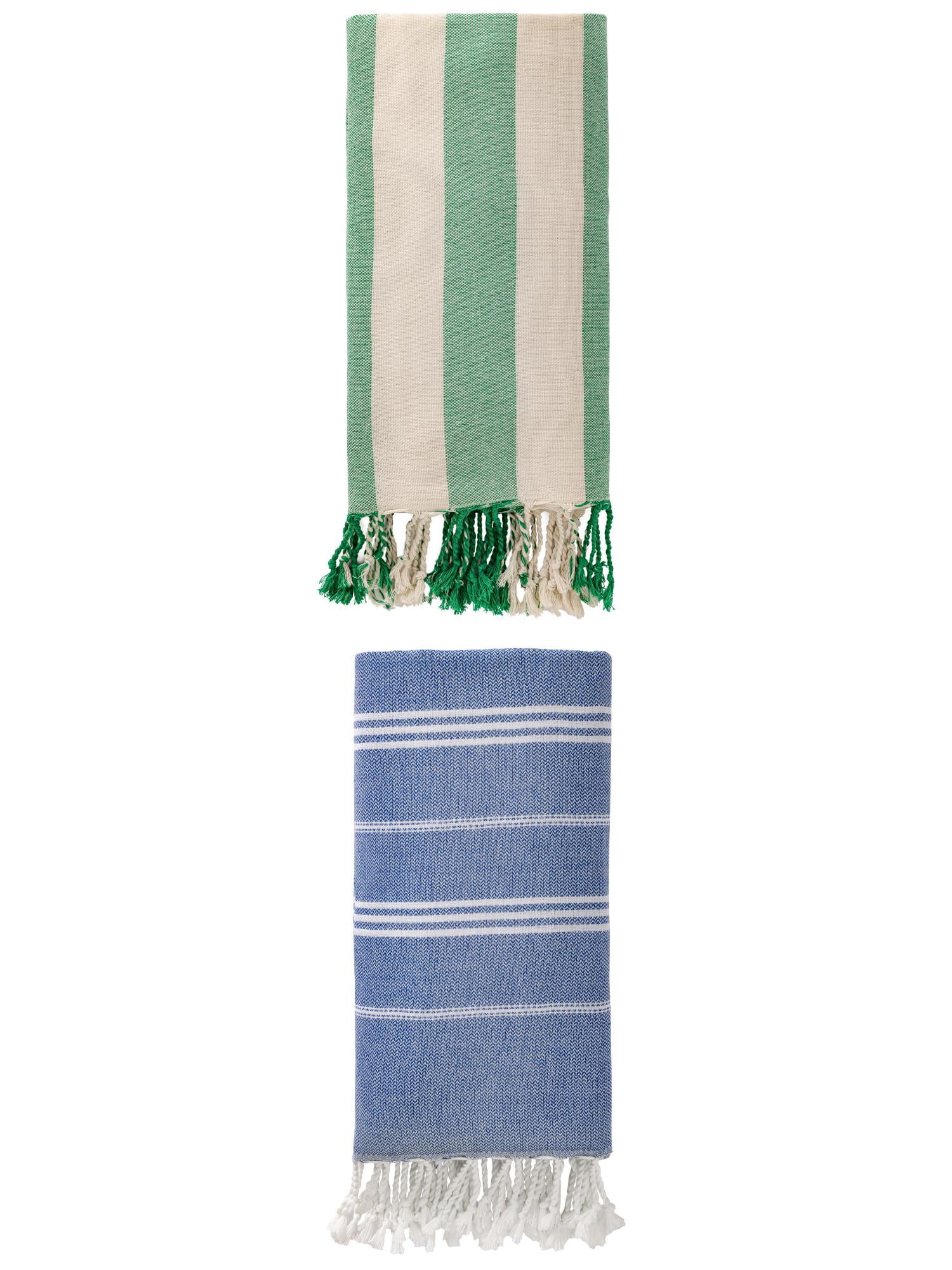 Unique Bargains 2Pcs Stripe Sand Repellent Towel Royal Blue Green 71" x 35"/71" x 40"