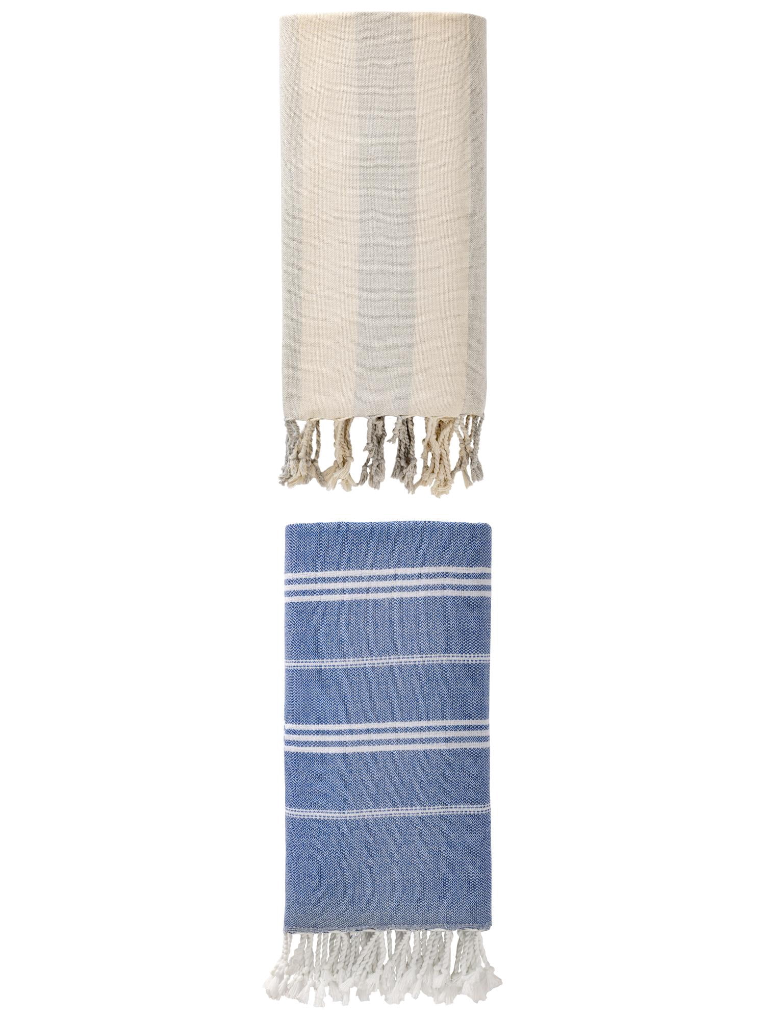Unique Bargains 2Pcs Stripe Sand Repellent Towel Royal Blue Grey 71" x 35"/71" x 40"