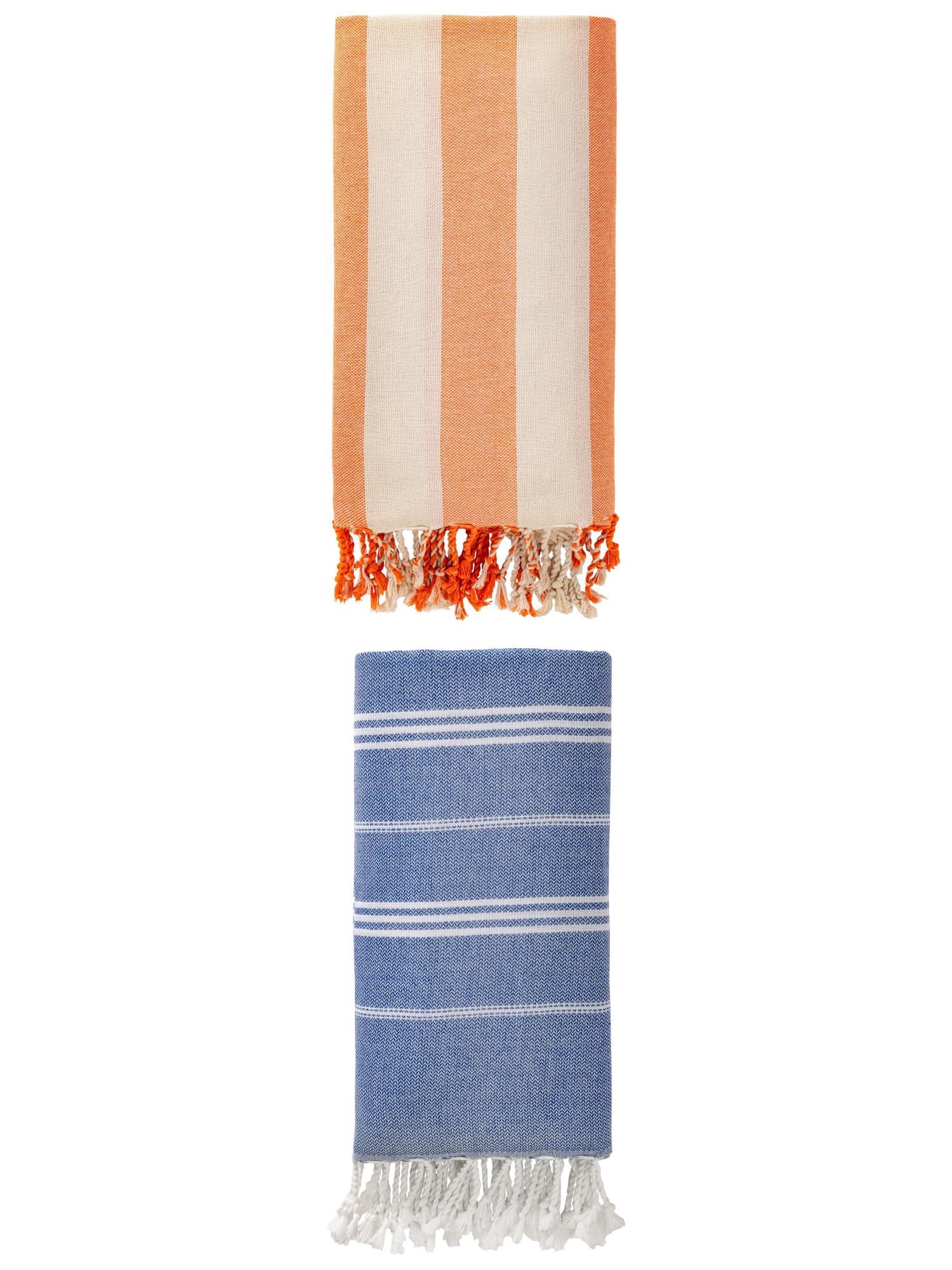 Unique Bargains 2Pcs Stripe Sand Repellent Towel Royal Blue Orange 71" x 35"/71" x 40"