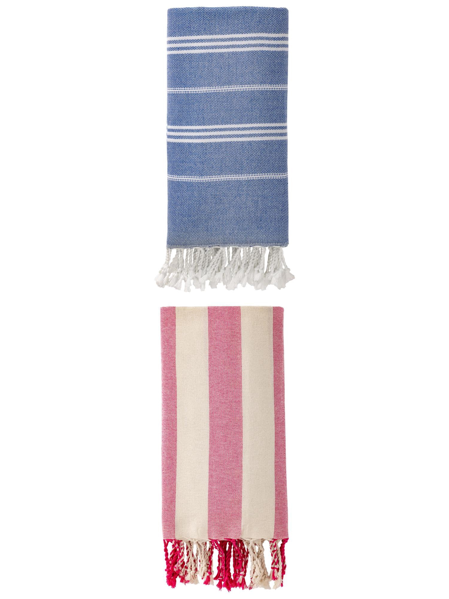 Unique Bargains 2Pcs Stripe Sand Repellent Towel Royal Blue Rose Red 71" x 35"/71" x 40"