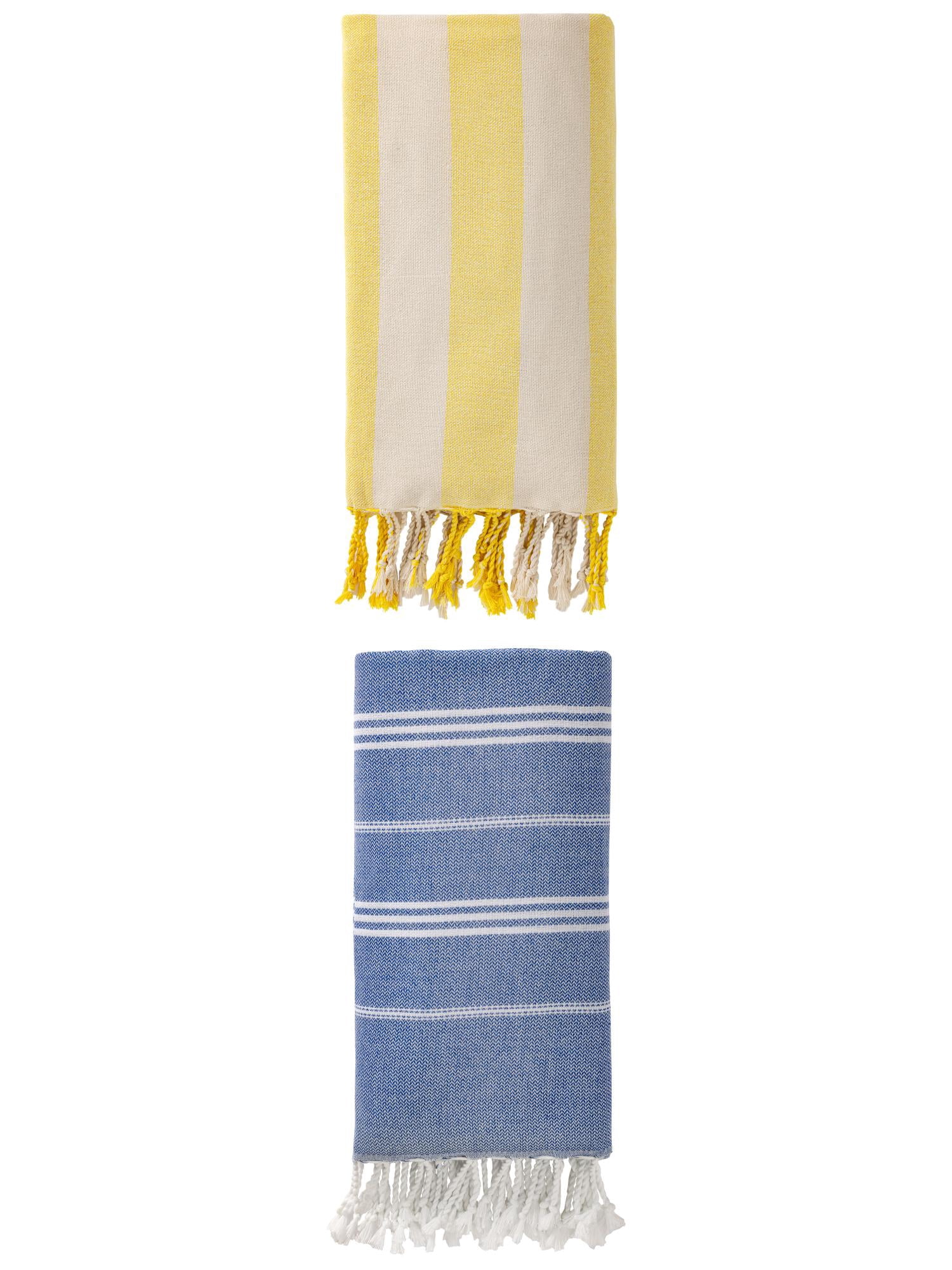 Unique Bargains 2Pcs Stripe Sand Repellent Towel Royal Blue Yellow 71" x 35"/71" x 40"
