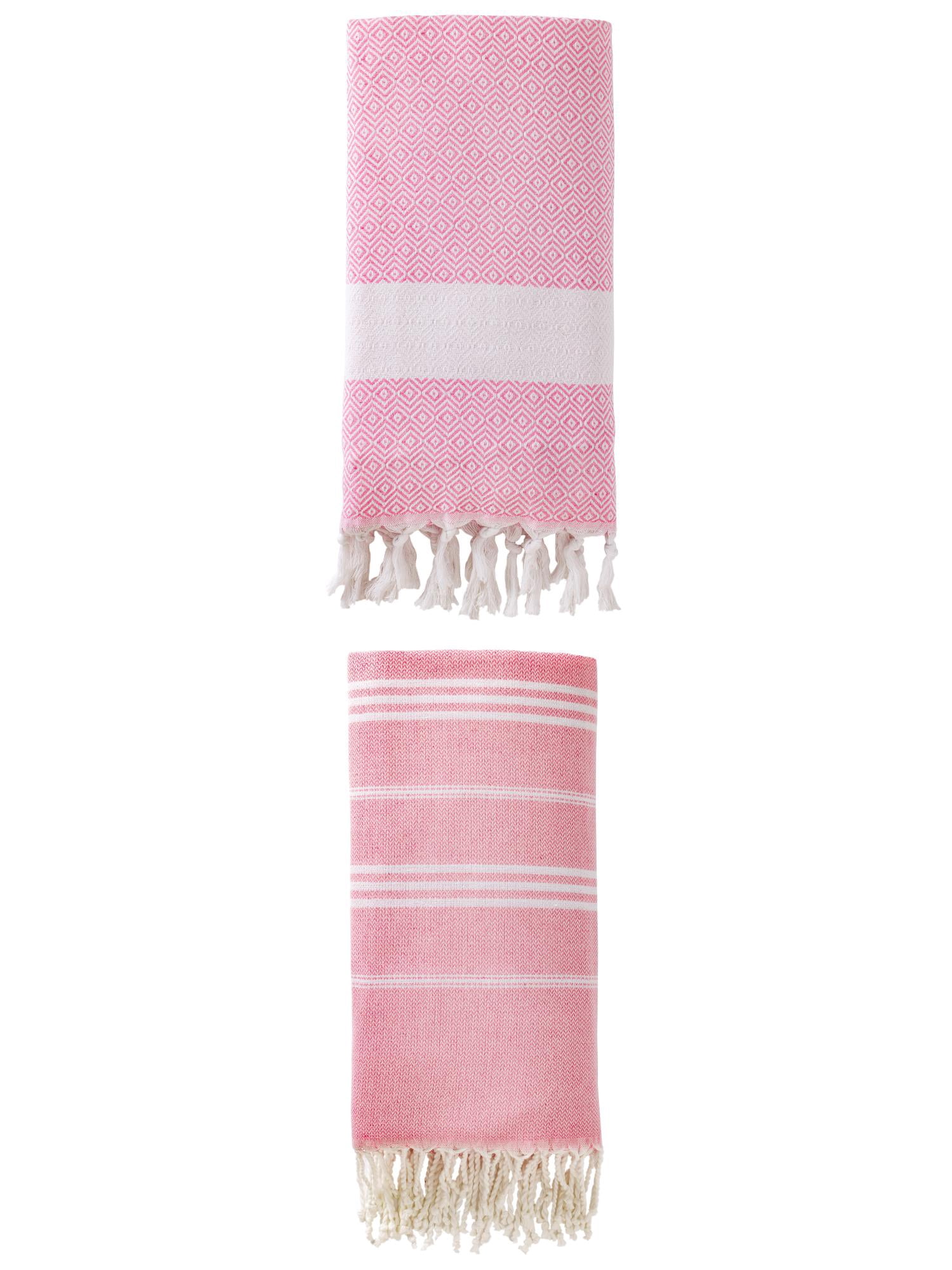 Unique Bargains 2Pcs Stripe Turkish Rapid Dry Beach Towel Pink 71" x 35"/71" x 40"
