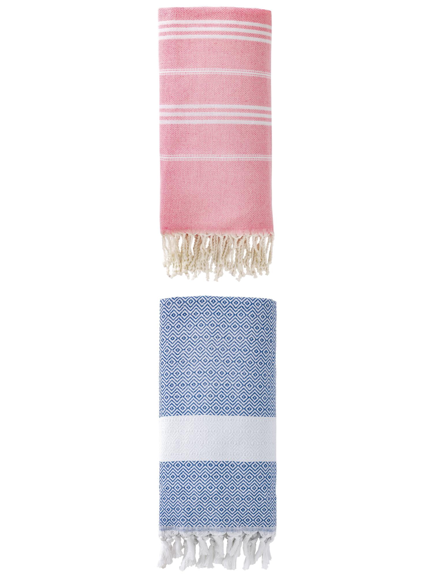 Unique Bargains 2Pcs Stripe Turkish Rapid Dry Beach Towel Pink/Blue 71" x 35"/71" x 40"