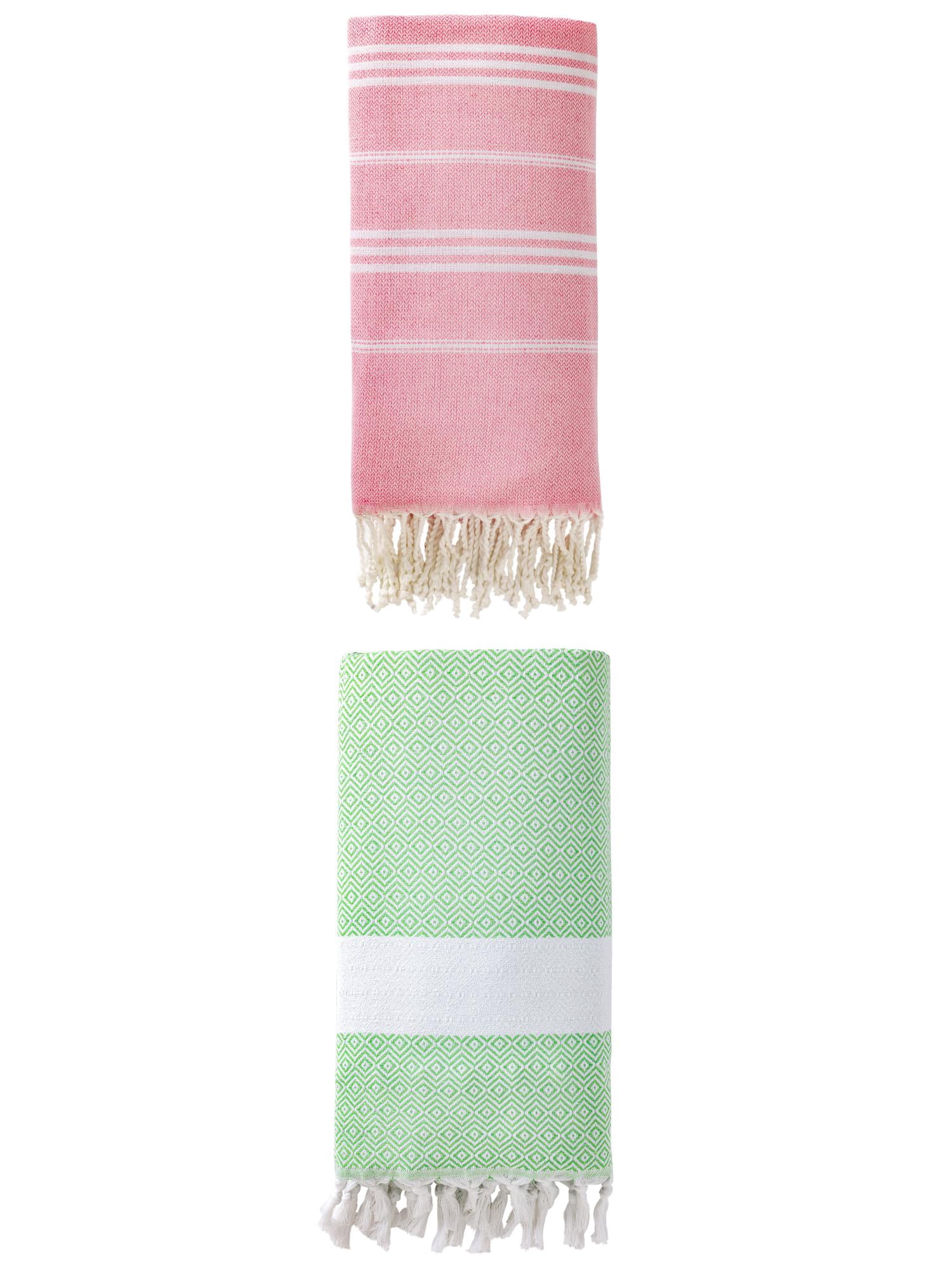 Unique Bargains 2Pcs Stripe Turkish Rapid Dry Beach Towel Pink Green 71" x 35"/71" x 40"