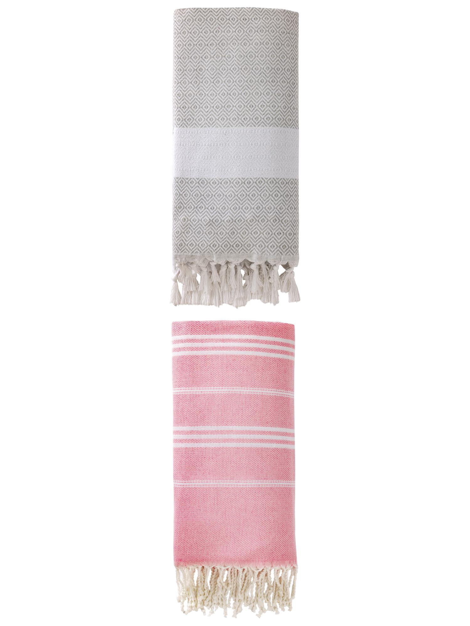 Unique Bargains 2Pcs Stripe Turkish Rapid Dry Beach Towel Pink Grey 71" x 35"/71" x 40"