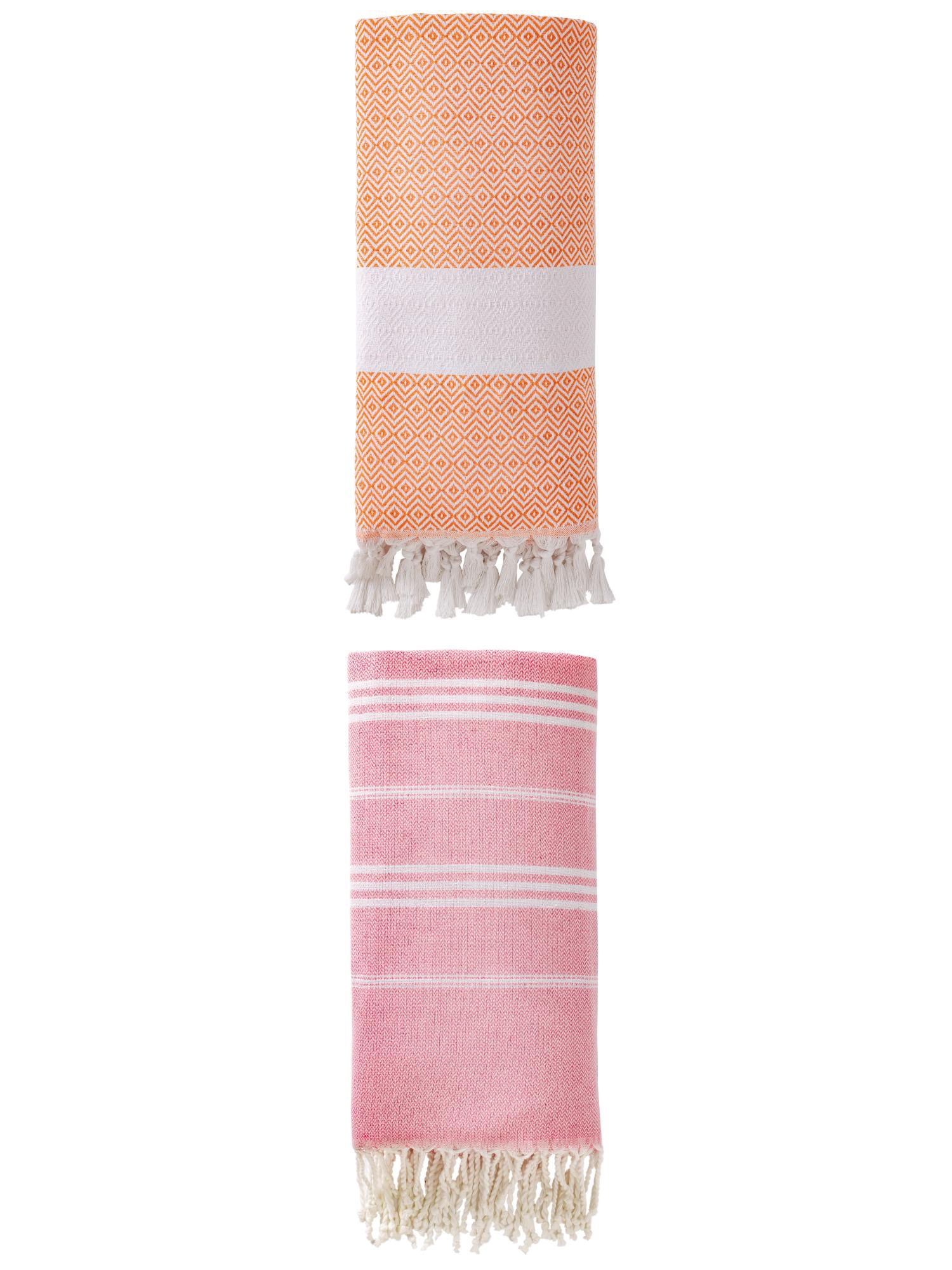 Unique Bargains 2Pcs Stripe Turkish Rapid Dry Beach Towel Pink Orange 71" x 35"/71" x 40"