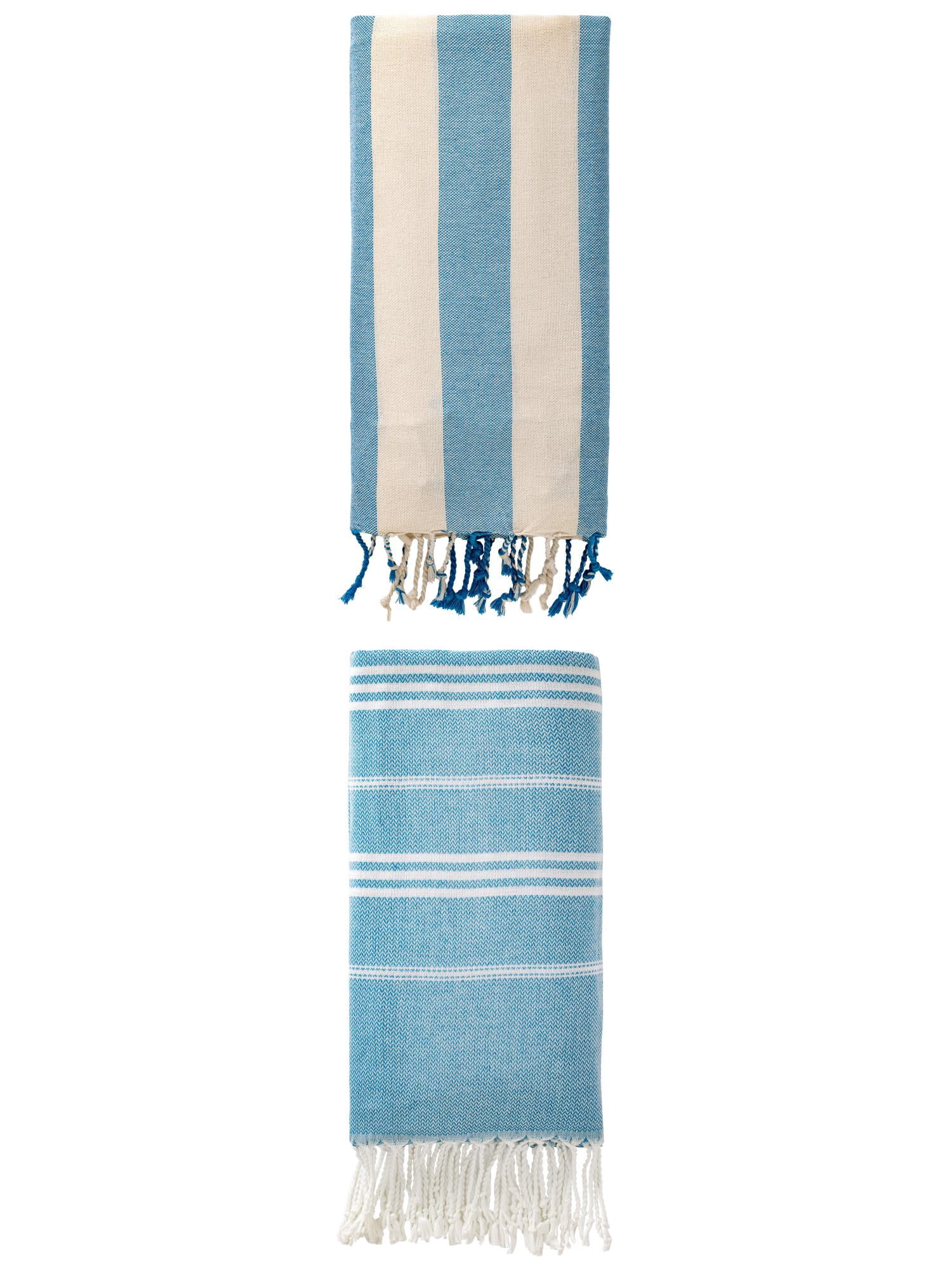 Unique Bargains 2Pcs Stripe Turkish Sand Repellent Towel Blue 71" x 35"/71" x 40"