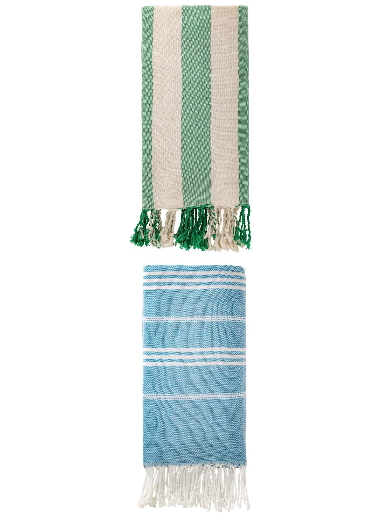 Unique Bargains 2Pcs Stripe Turkish Sand Repellent Towel Blue Green 71" x 35"/71" x 40"