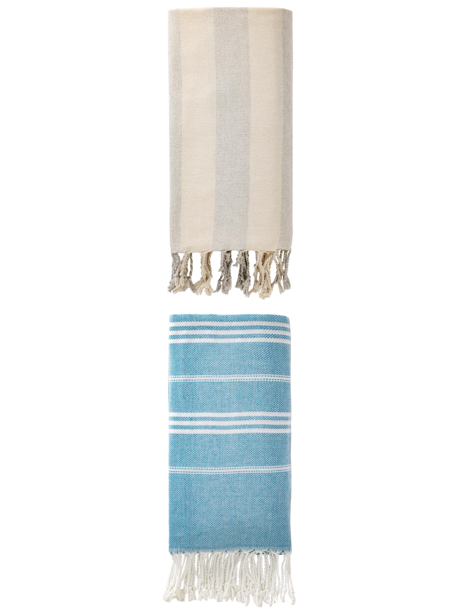 Unique Bargains 2Pcs Stripe Turkish Sand Repellent Towel Blue Grey 71" x 35"/71" x 40"