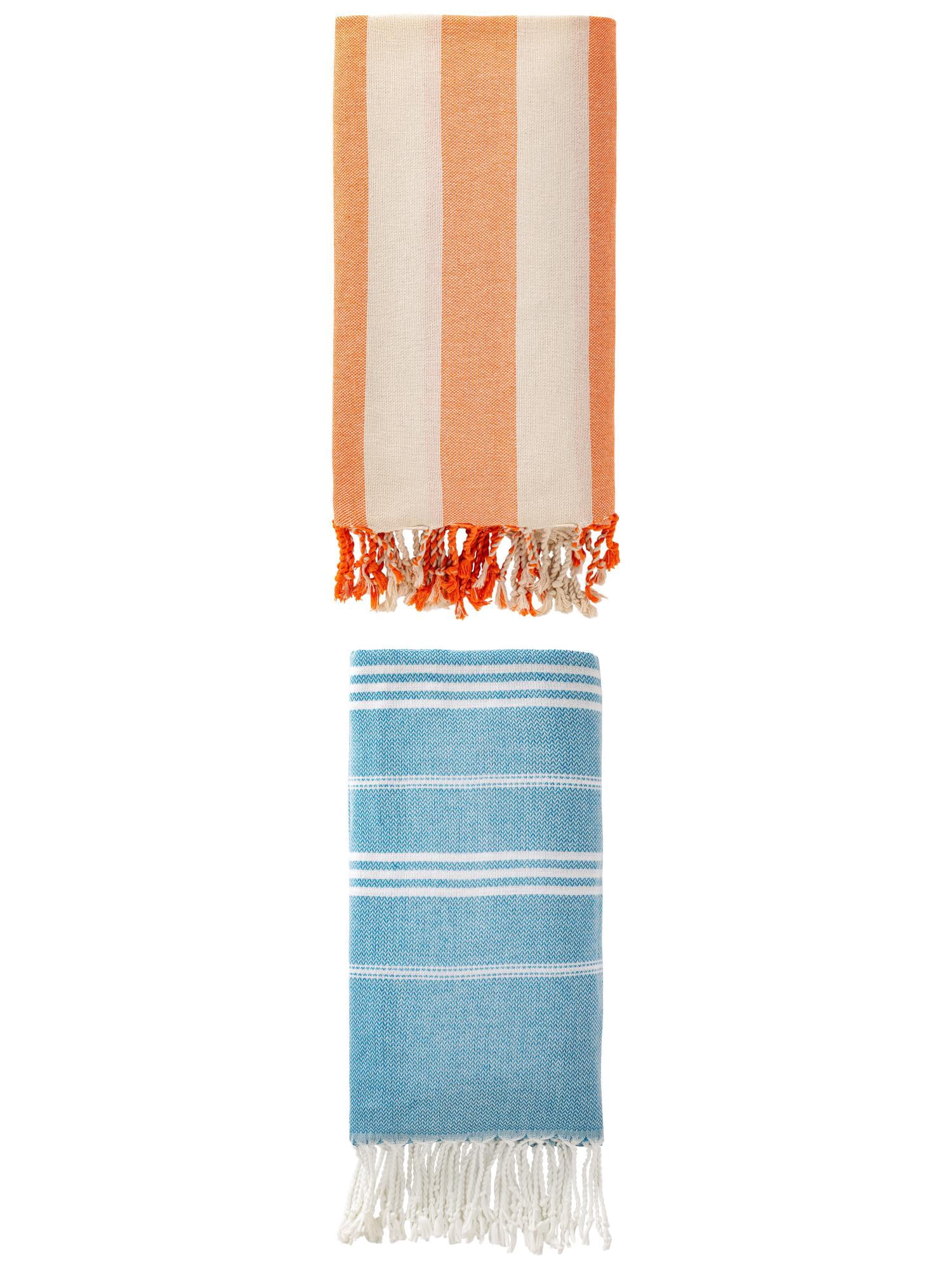 Unique Bargains 2Pcs Stripe Turkish Sand Repellent Towel Blue Orange 71" x 35"/71" x 40"