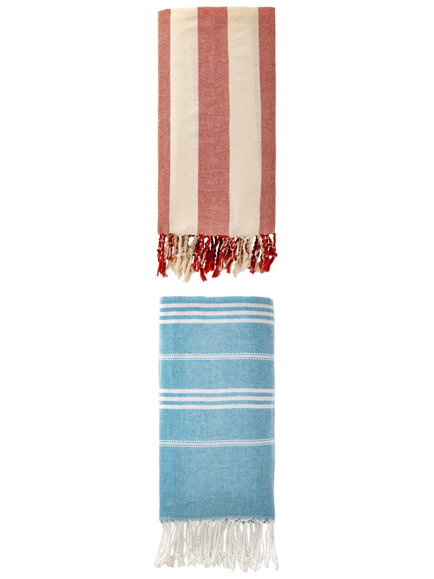 Unique Bargains 2Pcs Stripe Turkish Sand Repellent Towel Blue Red 71" x 35"/71" x 40"
