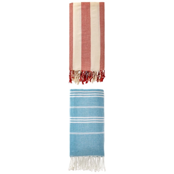 Unique Bargains 2Pcs Stripe Turkish Sand Repellent Towel Blue Red 71" x 35"/71" x 40"