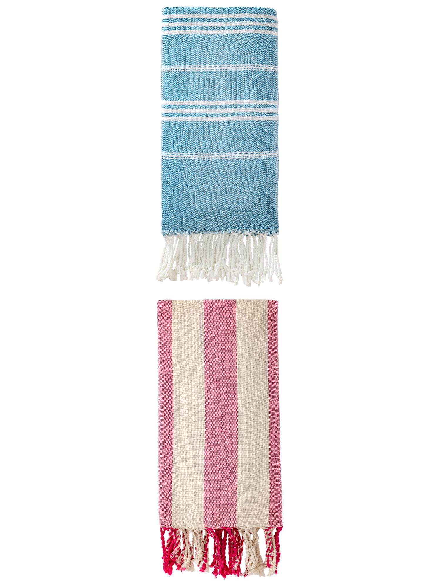 Unique Bargains 2Pcs Stripe Turkish Sand Repellent Towel Blue Rose Red 71" x 35"/71" x 40"