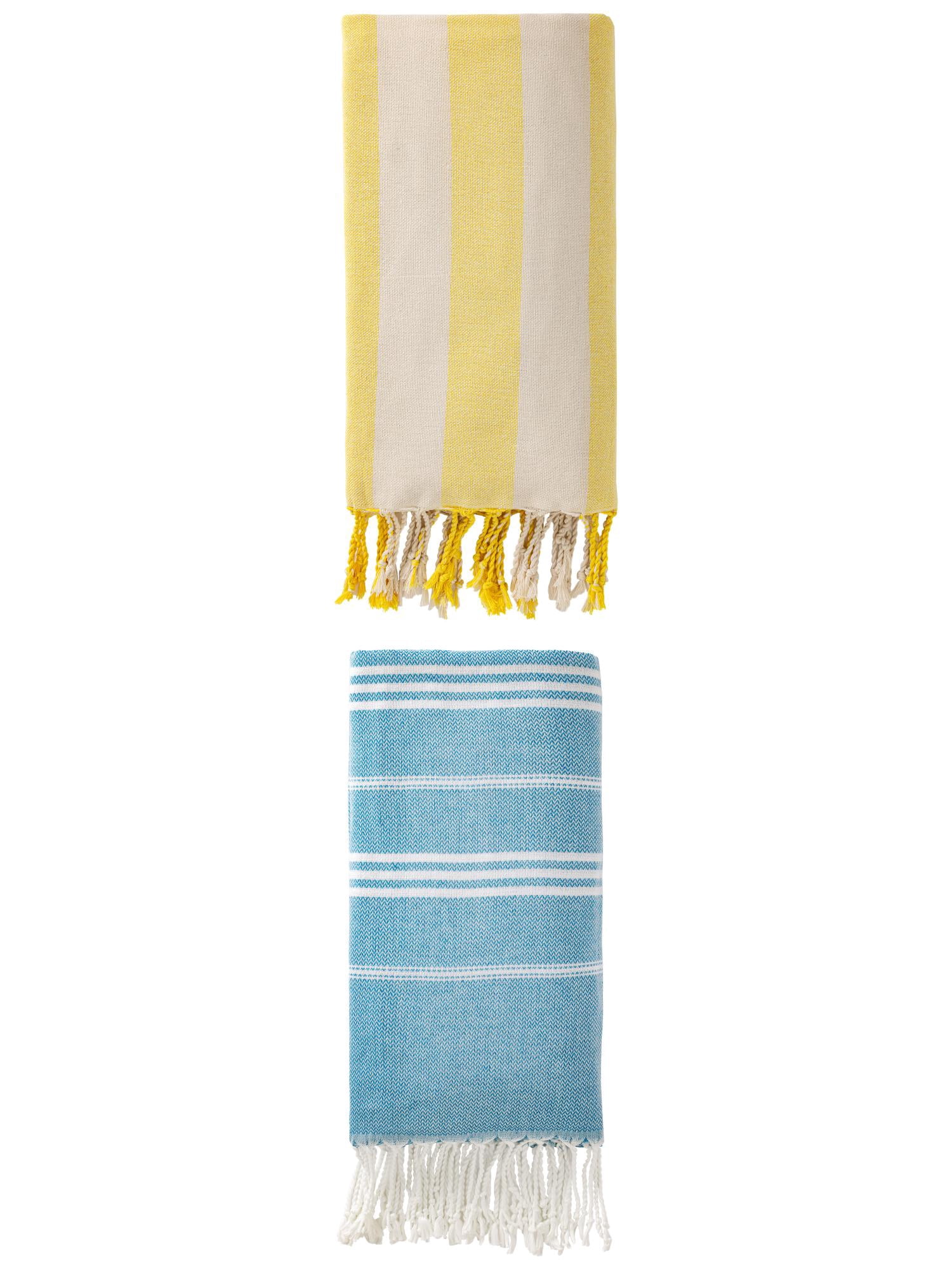 Unique Bargains 2Pcs Stripe Turkish Sand Repellent Towel Blue Yellow 71" x 35"/71" x 40"