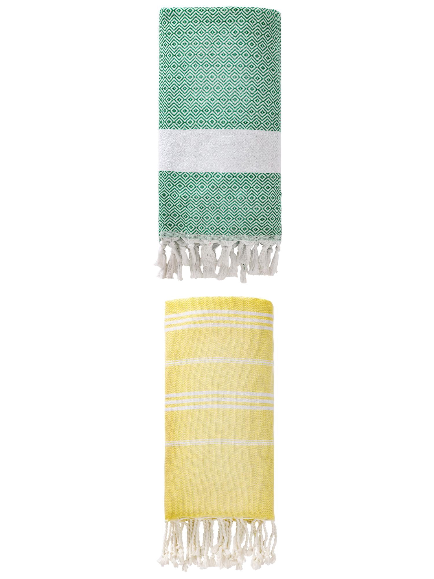 Unique Bargains 2Pcs Striped Instant Dry Towel Yellow/Dark Green 71" x 35"/71" x 40"