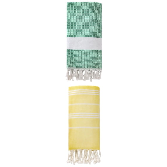 Unique Bargains 2Pcs Striped Instant Dry Towel Yellow/Dark Green 71" x 35"/71" x 40"