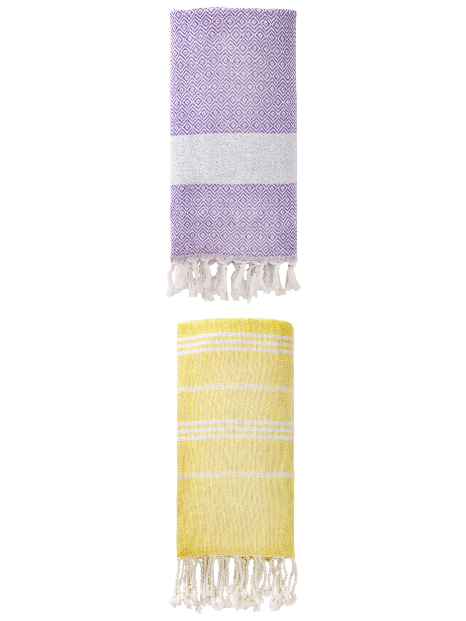 Unique Bargains 2Pcs Striped Instant Dry Towel Yellow Light Purple 71" x 35"/71" x 40"