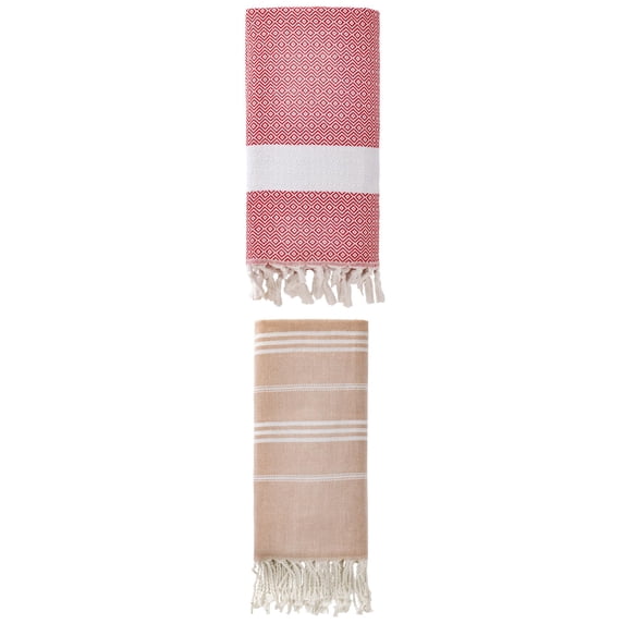 Unique Bargains 2Pcs Striped Quick Dry Beach Towel Brown Crimson 71" x 35"/71" x 40"