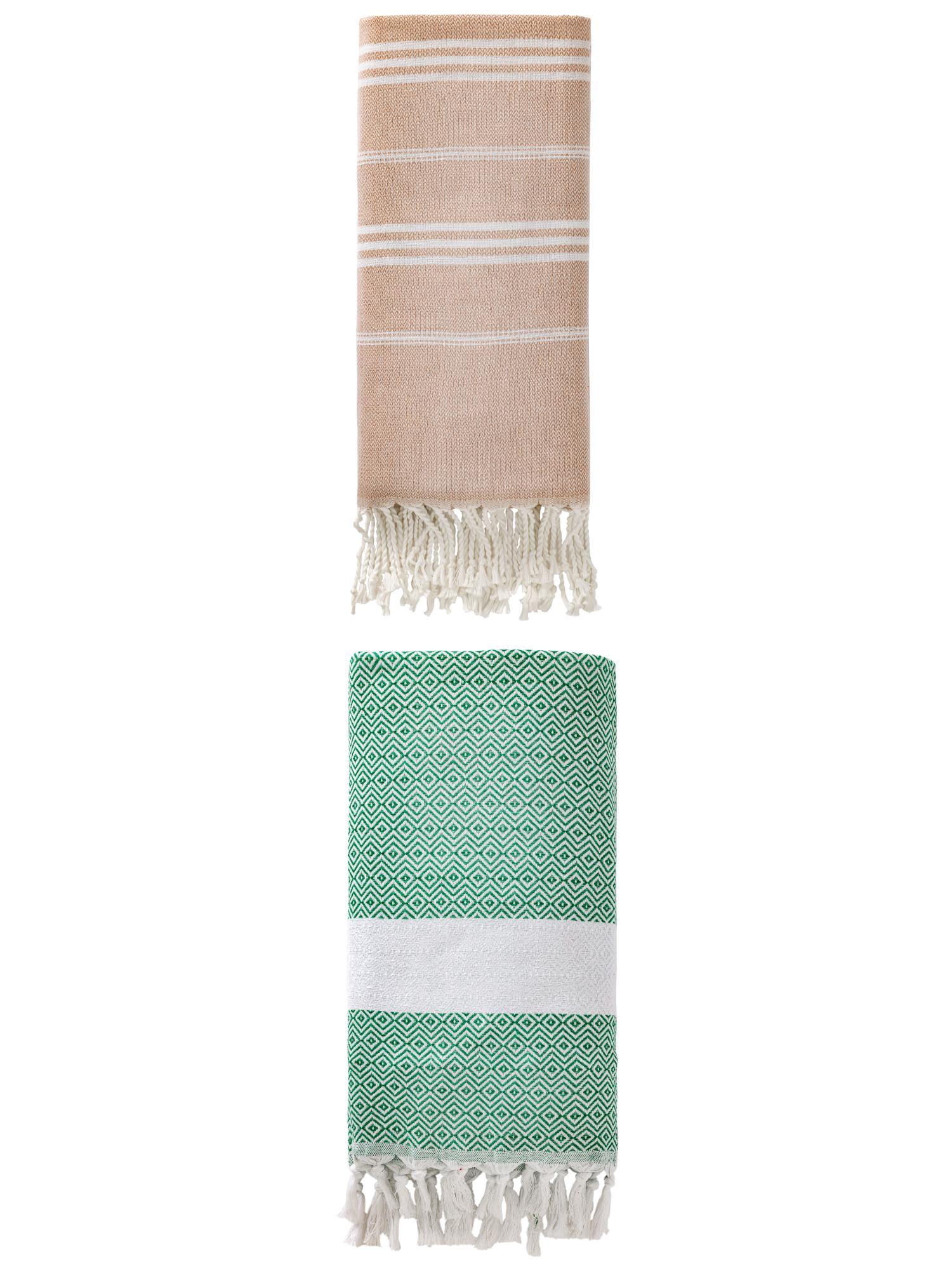 Unique Bargains 2Pcs Striped Quick Dry Beach Towel Brown/Dark Green 71" x 35"/71" x 40"