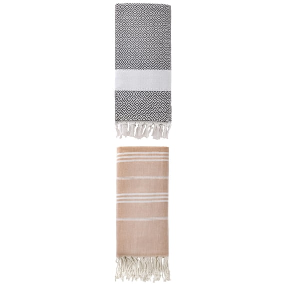 Unique Bargains 2Pcs Striped Quick Dry Beach Towel Brown/Dark Grey 71" x 35"/71" x 40"