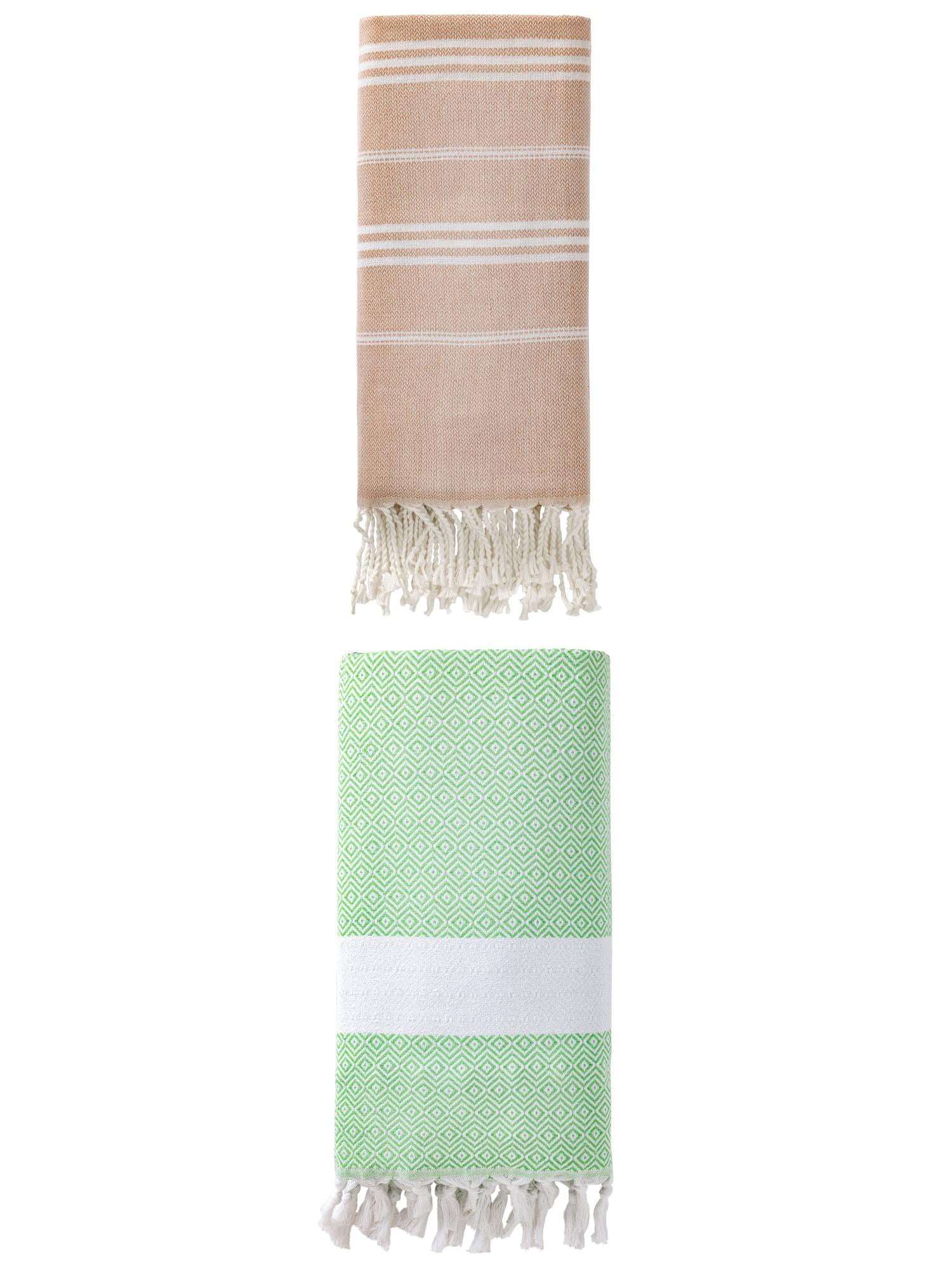 Unique Bargains 2Pcs Striped Quick Dry Beach Towel Brown Green 71" x 35"/71" x 40"