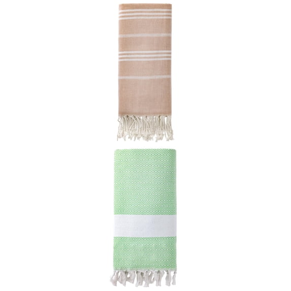 Unique Bargains 2Pcs Striped Quick Dry Beach Towel Brown Green 71" x 35"/71" x 40"